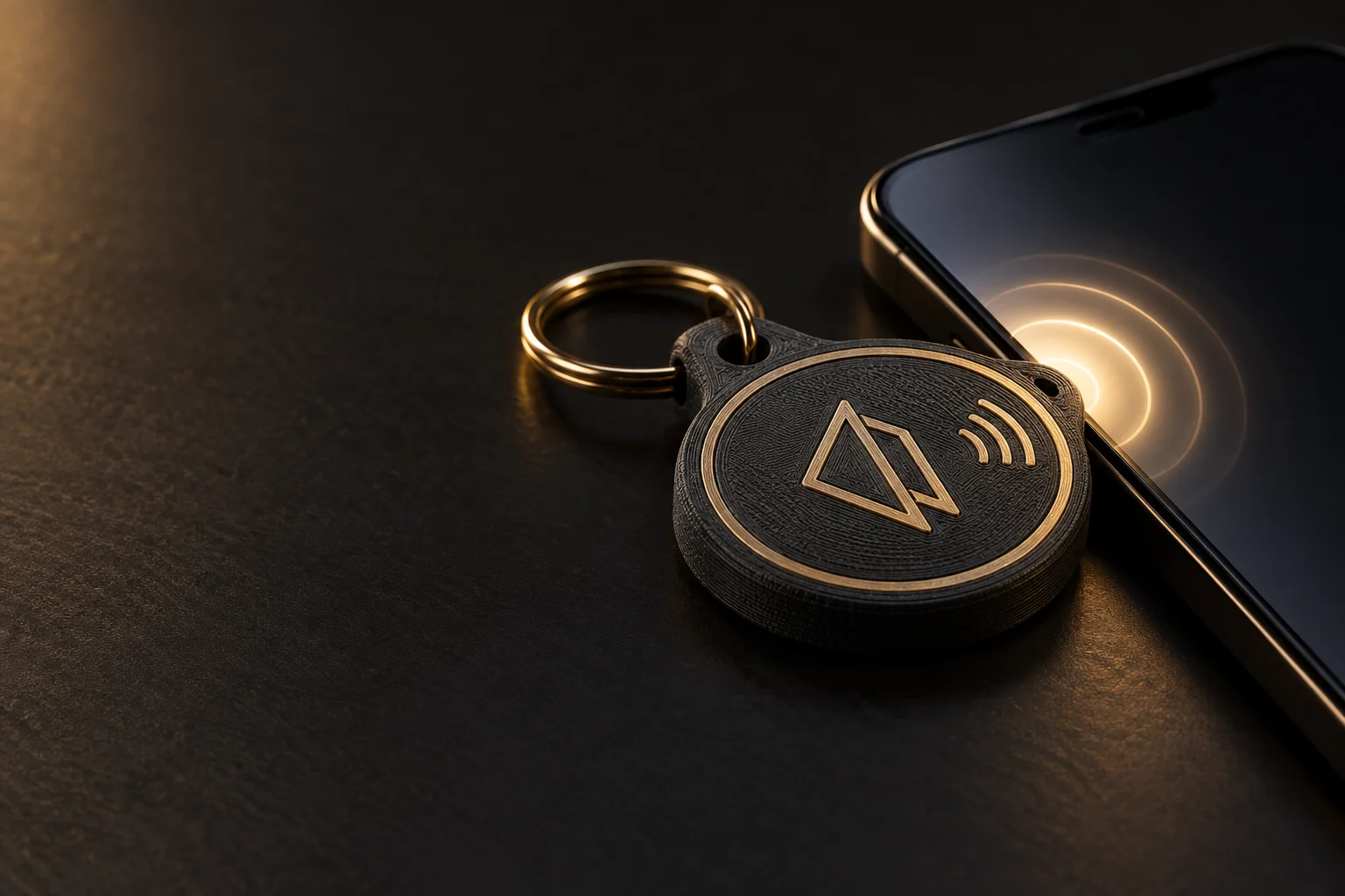 Conceito de chaveiro 3D com NFC junto a um celular